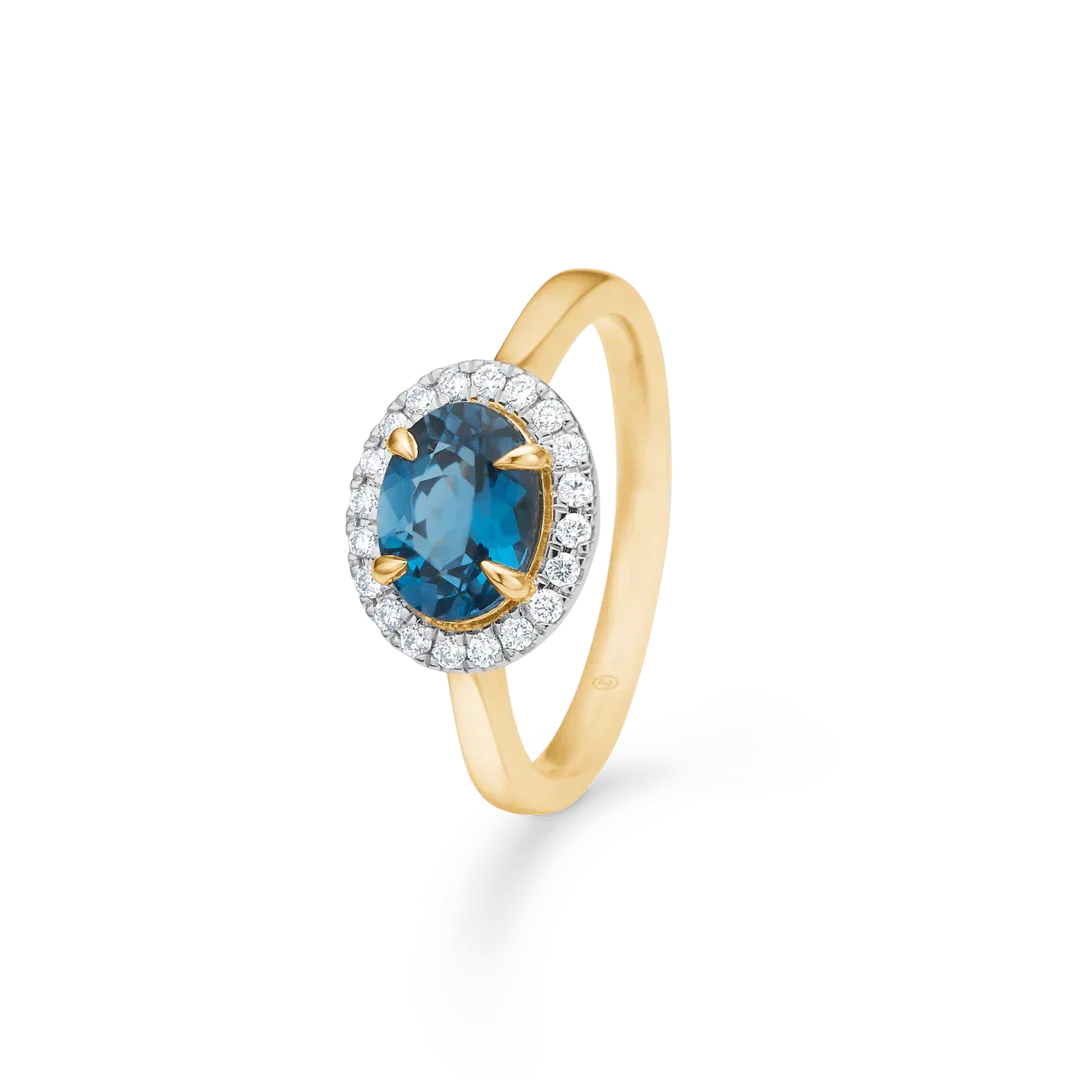 Forlovelsesring i 14 kt guld med blå topas og brillanter