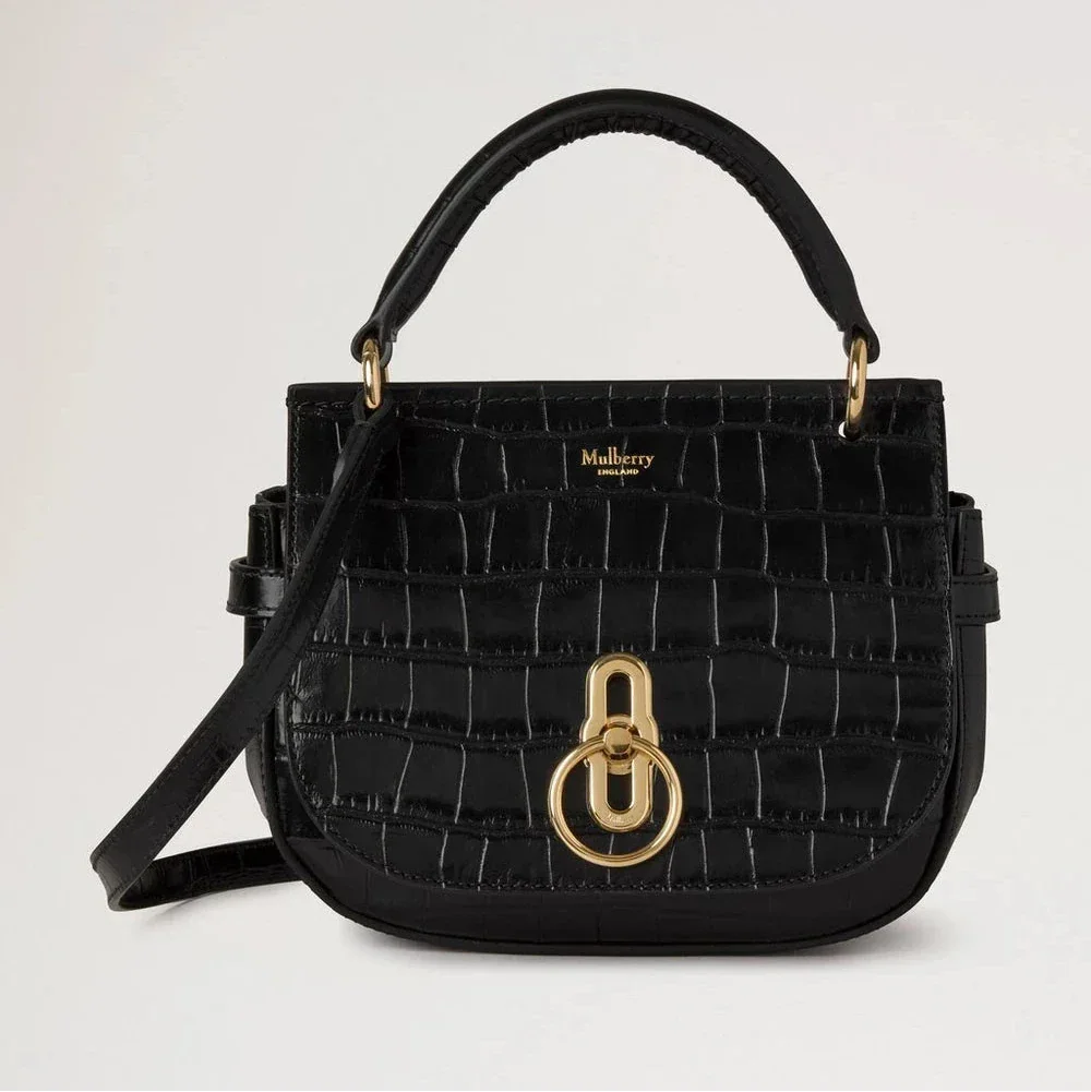 Mulberry Small Amberley Satchel Top Handle Black Shiny Small Croc – HH9790/641A100