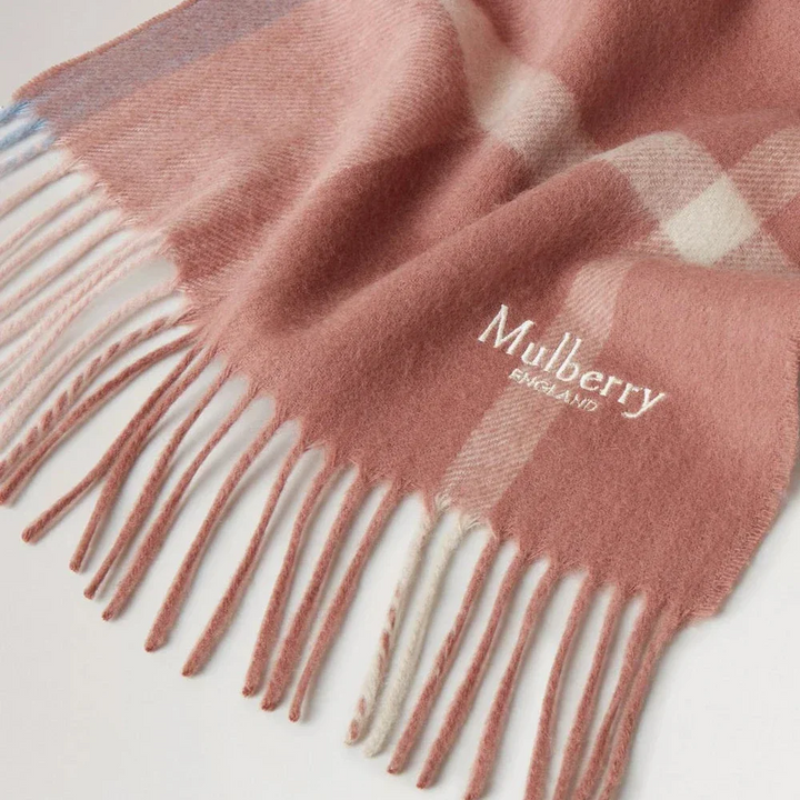 Mulberry Small Check Merino Wool Scarf Autumn Rose-Poplin Blue – produktbillede 2