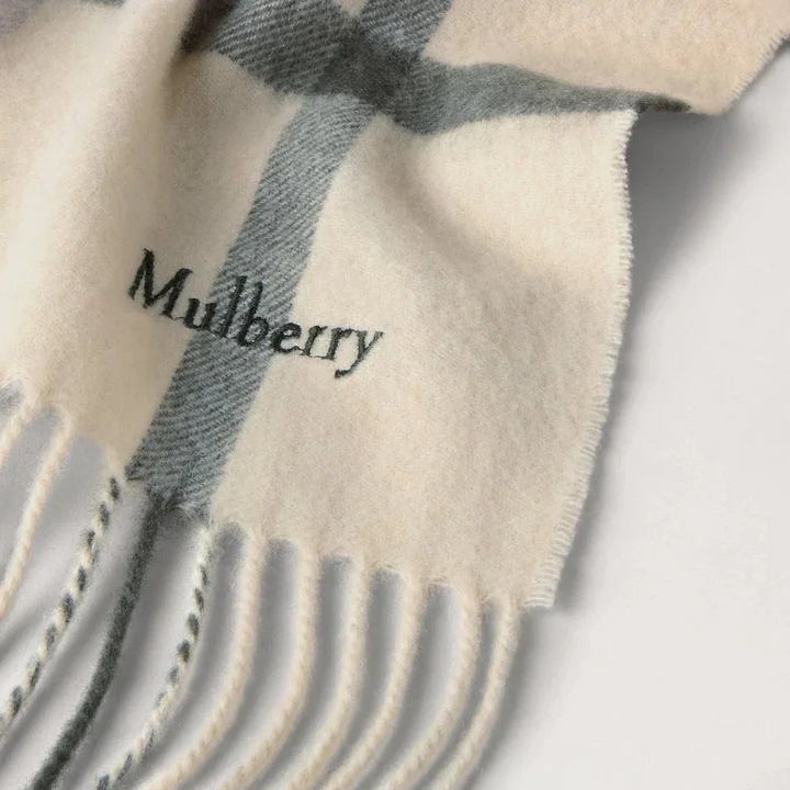 Mulberry Small Check Merino Wool Scarf Eggshell & Olive – produktbillede 2