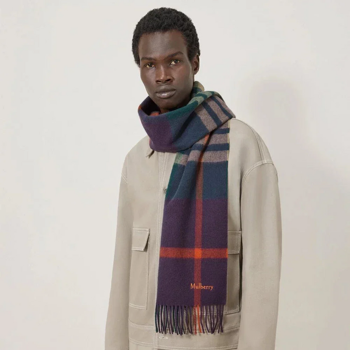Mulberry Small Check Merino Wool Scarf Juniper Green & Deep Aubergine – produktbillede 2