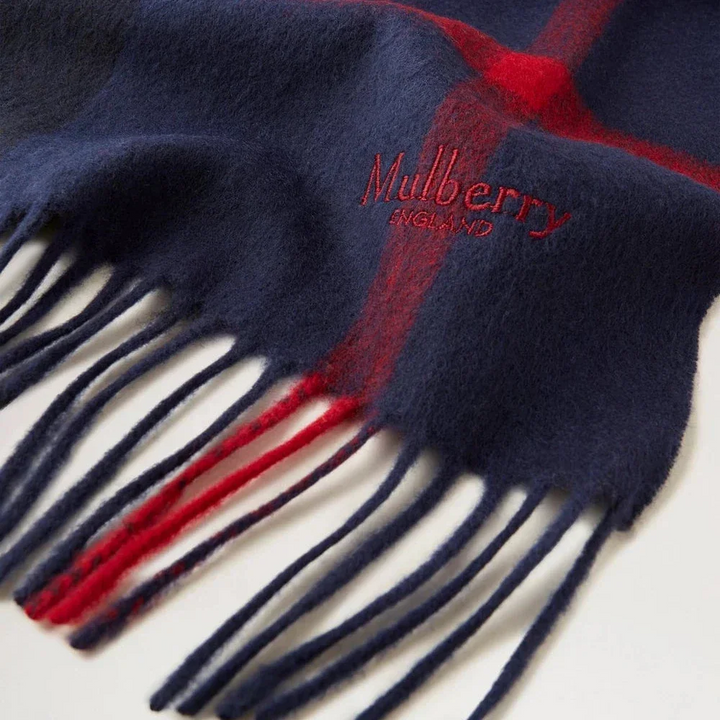 Mulberry Small Check Merino Wool Scarf Night Sky-Lancaster Red – produktbillede 2
